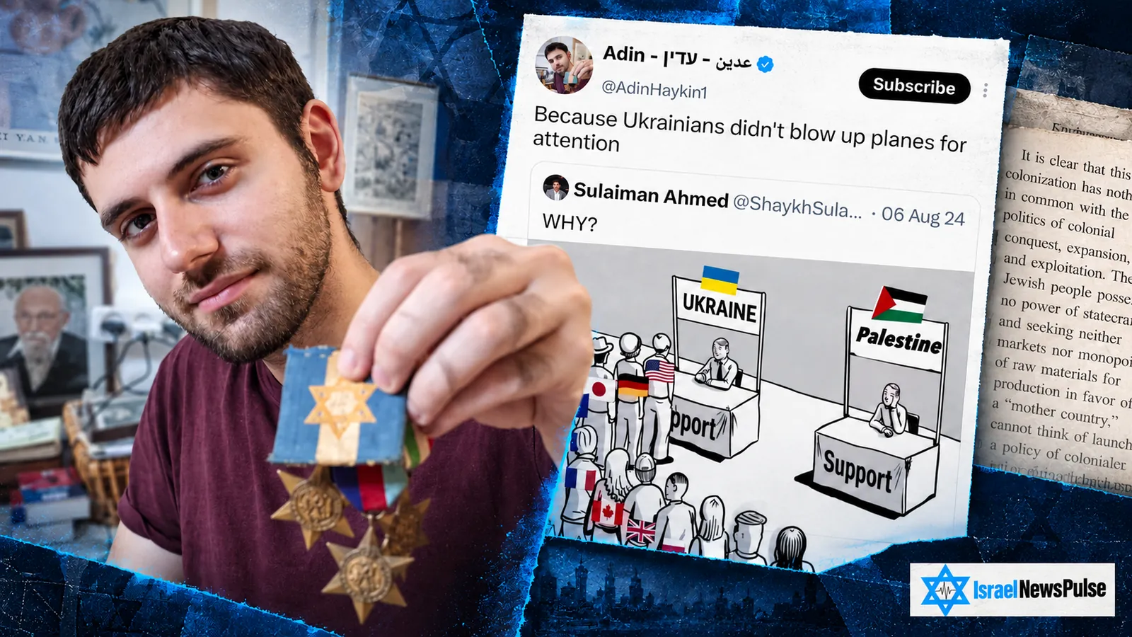 تصميم تحريري يجمع صورة عدين هايكن الشخصية ومنشوره على إكس في أغسطس 2024 ومقتطفاً تاريخياً.