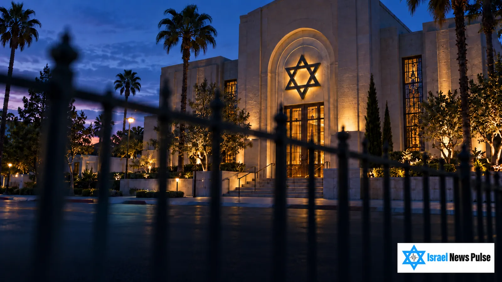 Synagogue entrance with a Star of David behind an iron fence at night