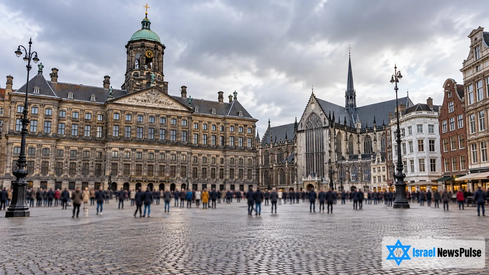 Der Dam-Platz in Amsterdam mit historischen Gebäuden und einer Menschenmenge in der Ferne.