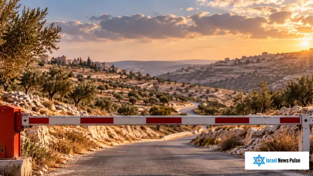 Closed red and white road barrier amid limestone hills at sunset