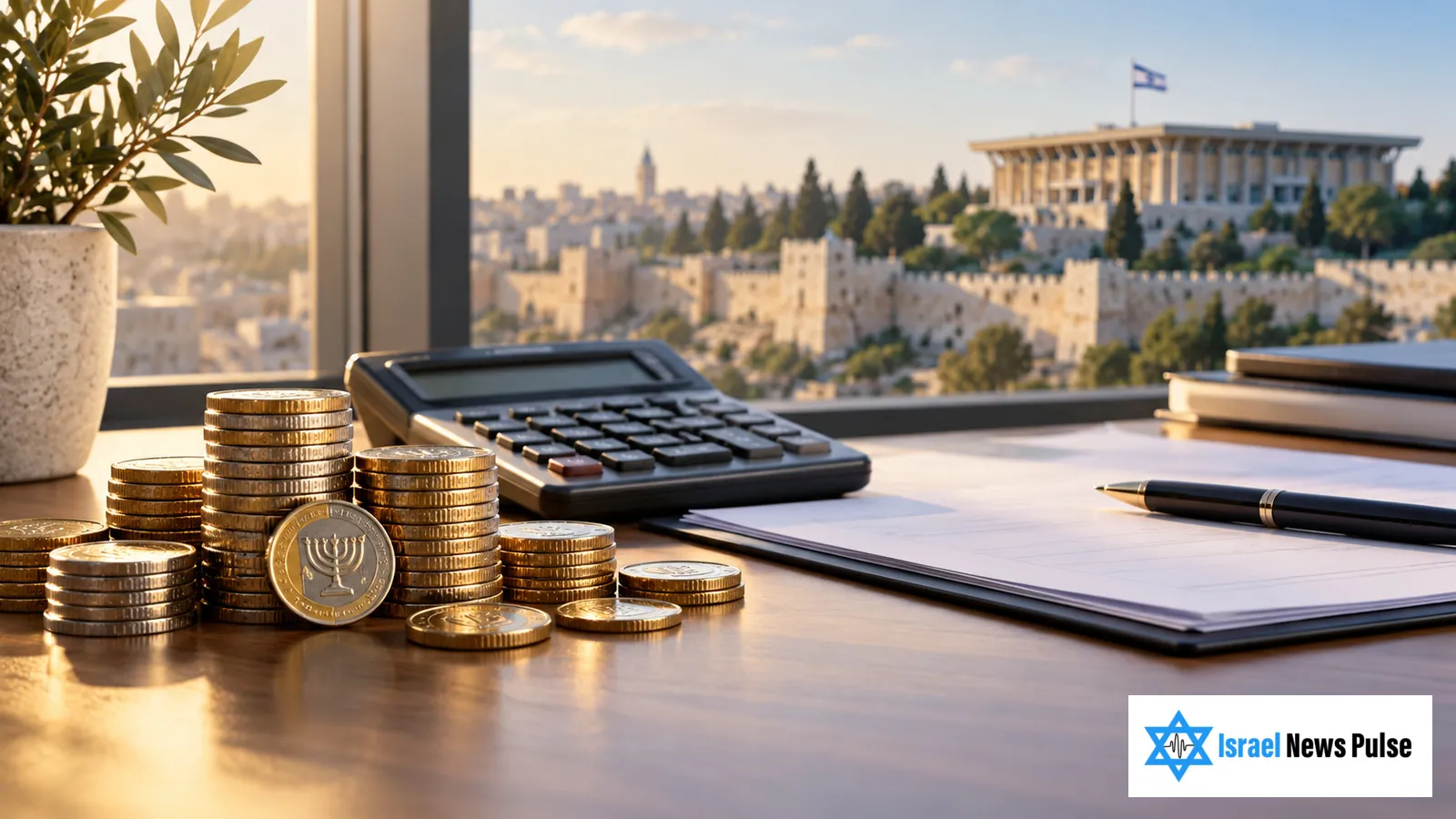 عملات شيكل وآلة حاسبة على مكتب وخلفهما أفق ضبابي لمدينة القدس