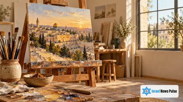 مرسم خالٍ يضم لوحة لمشهد من القدس على حامل بجوار فرش ووعاء صغير من التراب.
