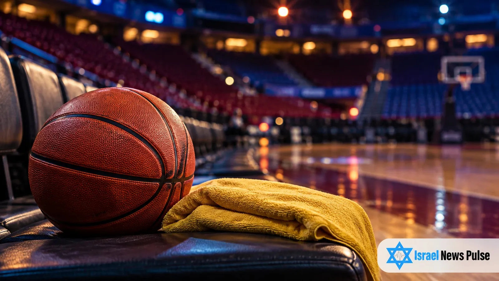 Ein Basketball und ein schlichtes gelbes Handtuch liegen auf einer Bank vor einer blauen und bordeauxroten Halle.