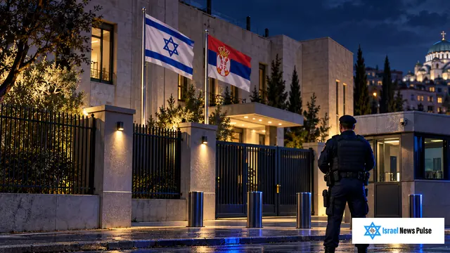 Police guard outside an embassy entrance with Israeli and Serbian flags at night