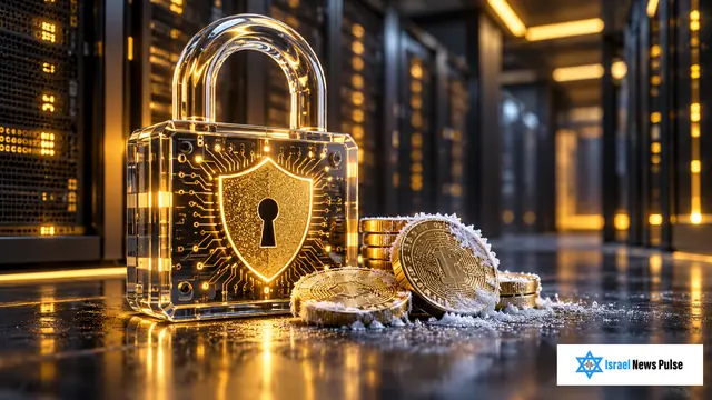 Security padlock and frosted digital coins in a server room