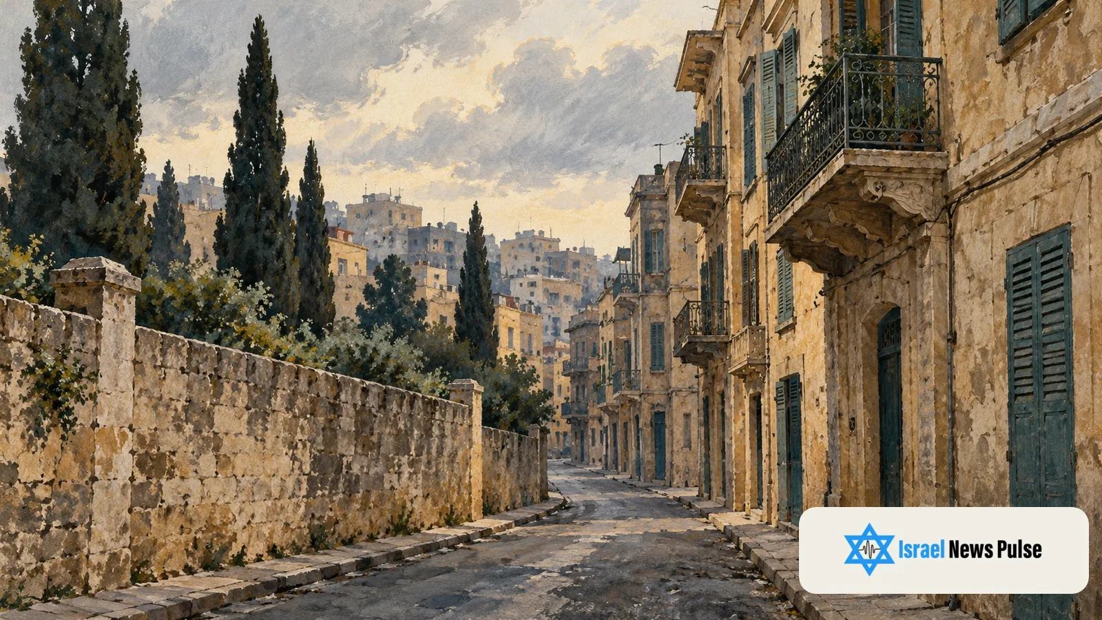 A painted view of an empty Beirut-inspired street beside a stone cemetery wall and cypress trees, with the Israel News Pulse logo at lower right.