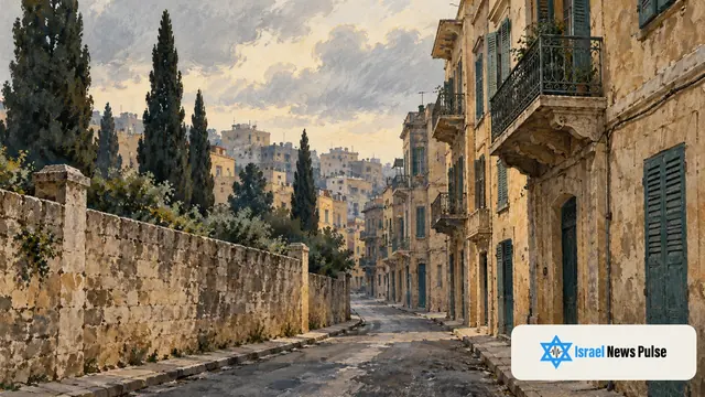 A painted view of an empty Beirut-inspired street beside a stone cemetery wall and cypress trees, with the Israel News Pulse logo at lower right.