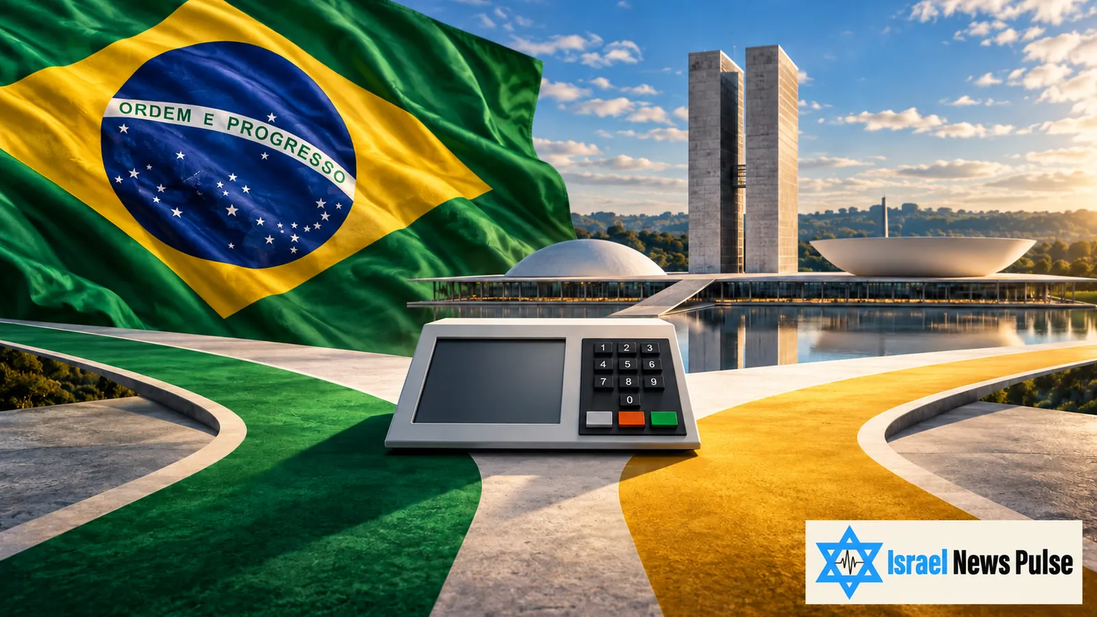 Redaktionelle Illustration mit Brasiliens Flagge, einem elektronischen Wahlgerät und dem Nationalkongress in Brasília.