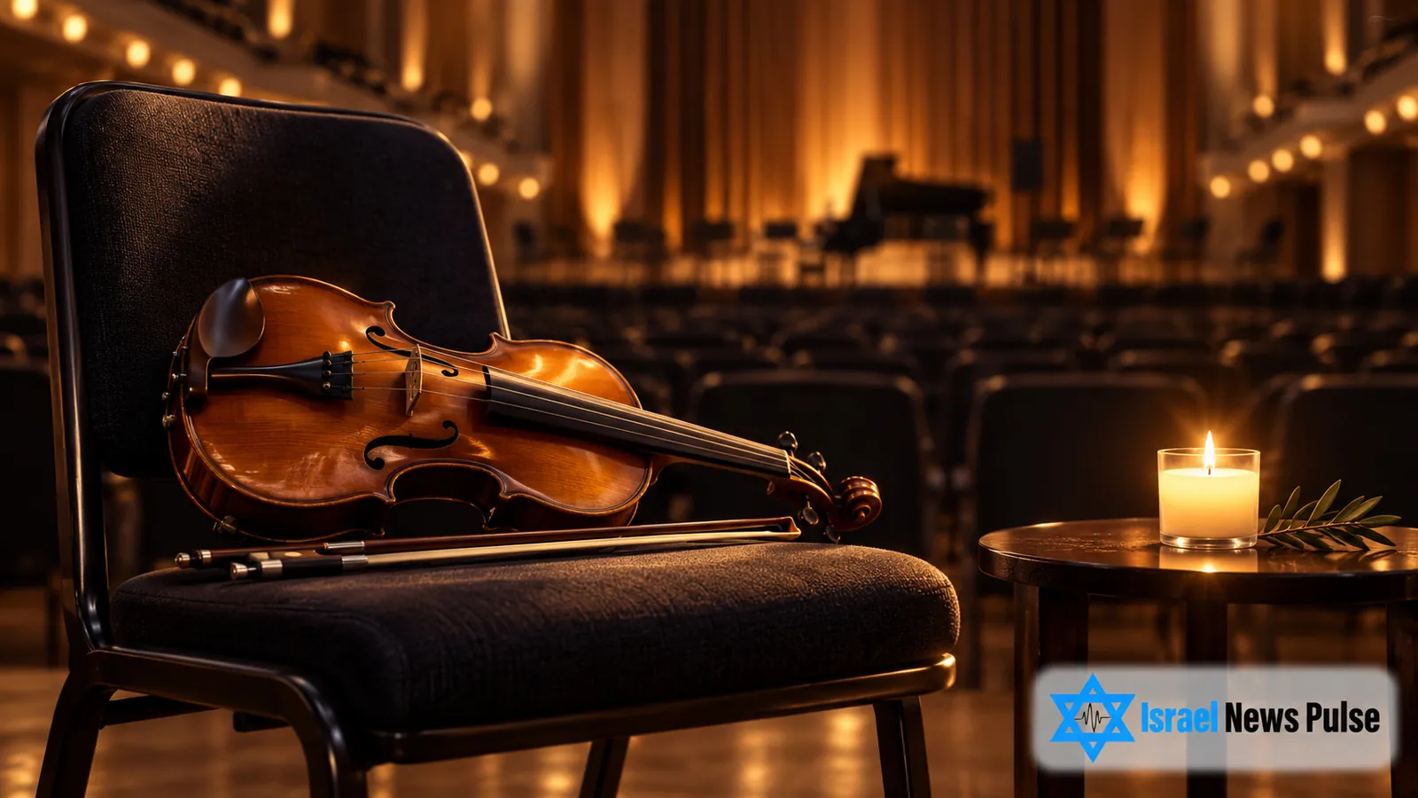 Un violon repose sur une chaise près d’une bougie, devant des rangées de sièges vides.