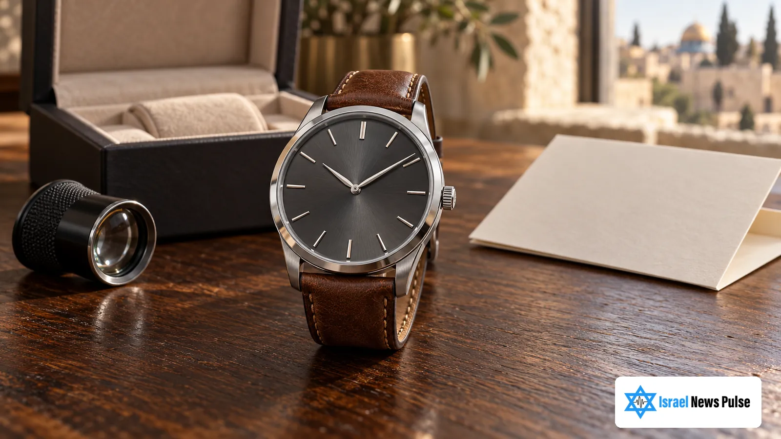 Un reloj de pulsera de lujo junto a su caja, documentos y una lupa de relojero