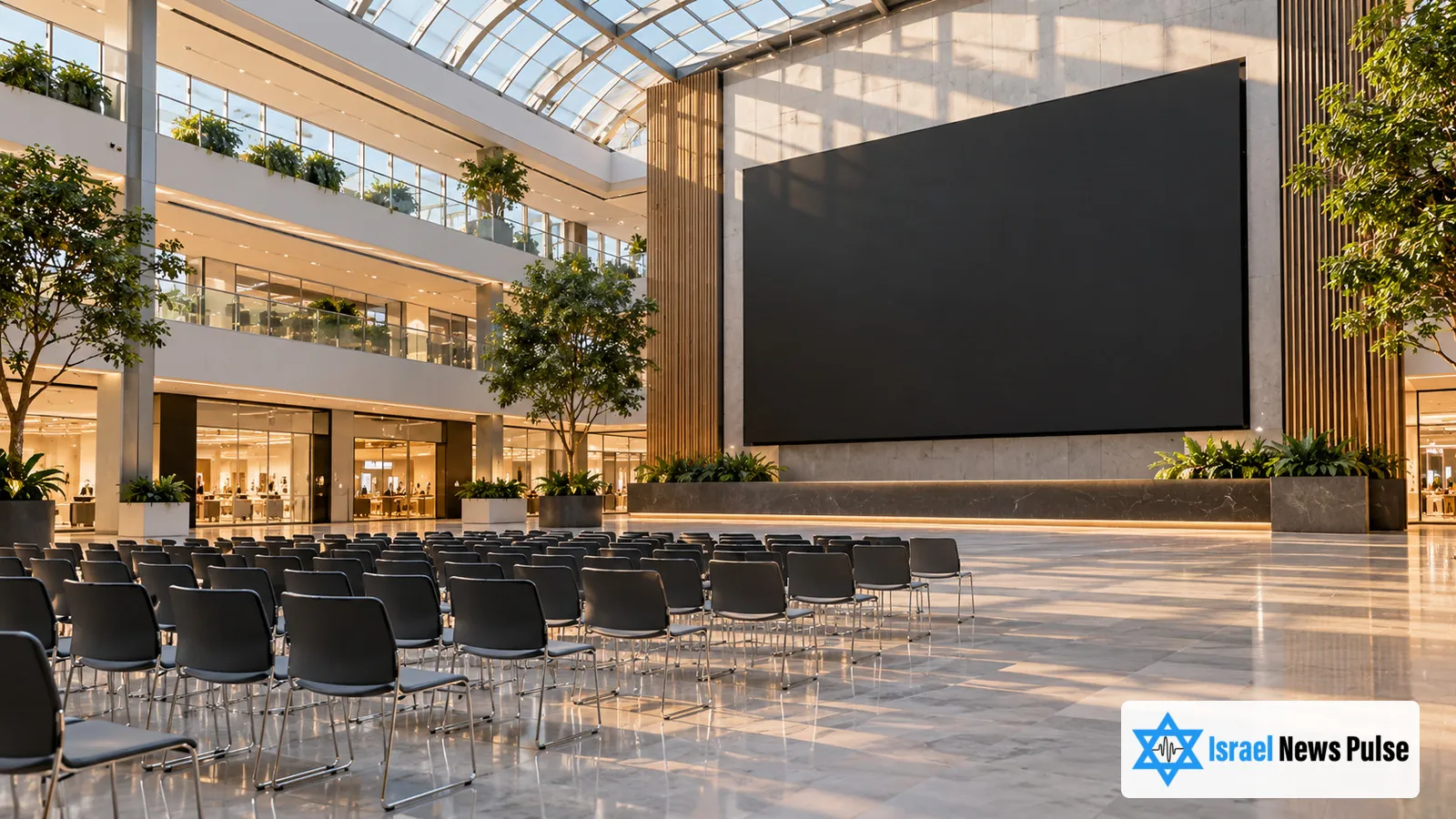 Rows of empty chairs face a large dark screen in a modern shopping mall atrium beneath a glass roof.