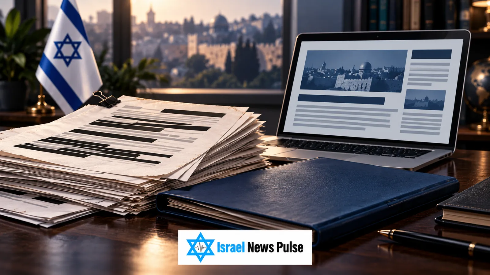 Konzeptionelle Illustration geschwärzter Dokumente, eines Laptops und einer israelischen Flagge mit dem Logo von Israel News Pulse.