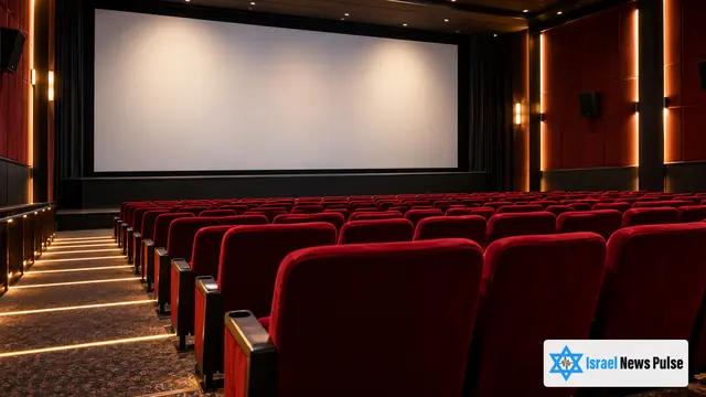 تواجه صفوف من المقاعد المخملية الحمراء شاشة مضاءة خالية من المحتوى في قاعة سينما فارغة ذات إضاءة دافئة للممرات.