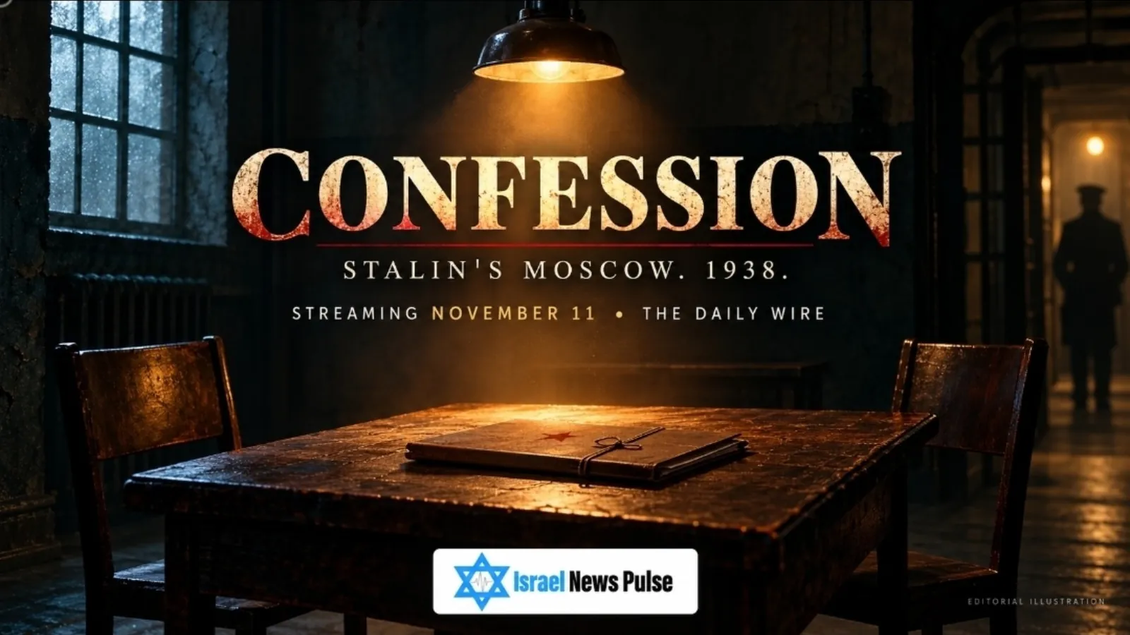 Ilustração editorial de uma sala de interrogatório promovendo Confession, com a marca Israel News Pulse.