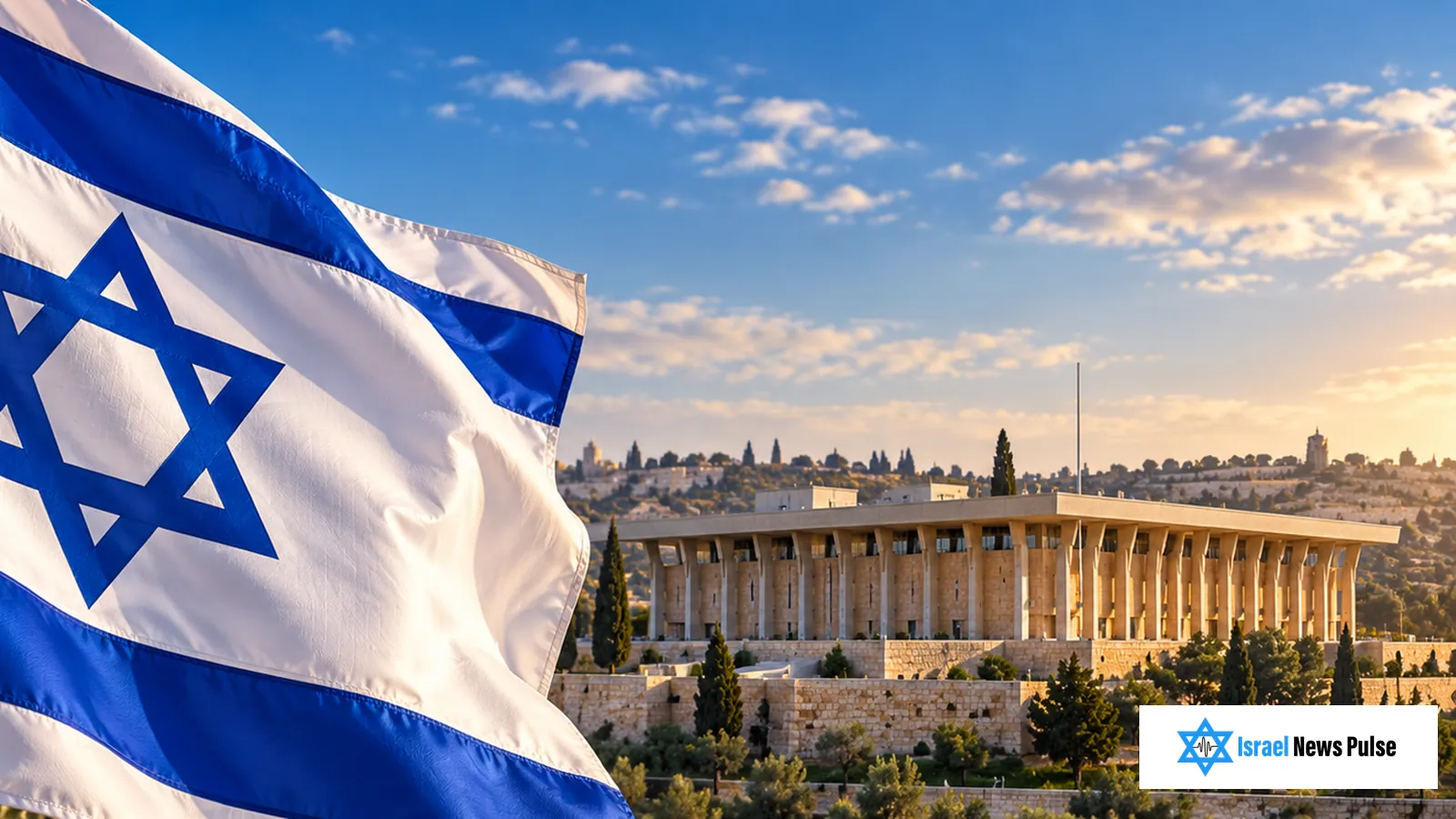 Israeli flag waving with the Knesset in the background