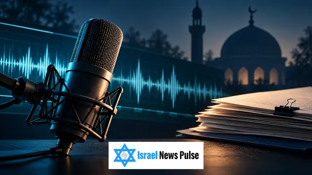 رسم تحريري لميكروفون وشريط تسجيل تجريدي وظل مسجد ووثائق تمويل، مع شعار Israel News Pulse.