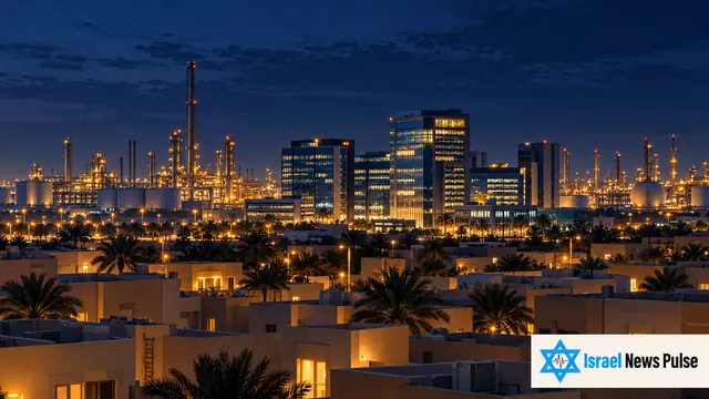 Ilustración generada con IA de viviendas, edificios de oficinas e instalaciones energéticas de noche, con la marca de Israel News Pulse.