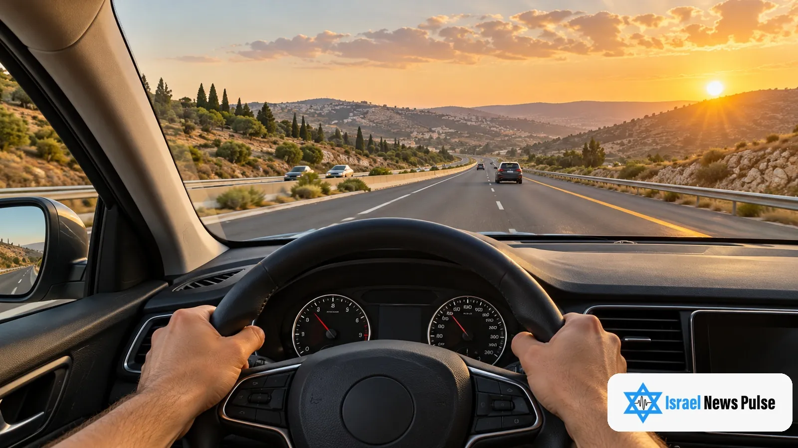 Um motorista segura o volante em uma rodovia com pistas separadas entre colinas secas ao pôr do sol.