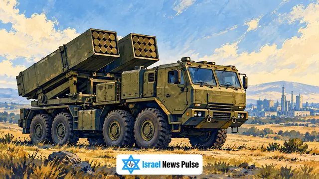 Ein generischer Militärlastwagen mit zwei Raketenstartbehältern in einer offenen Landschaft.