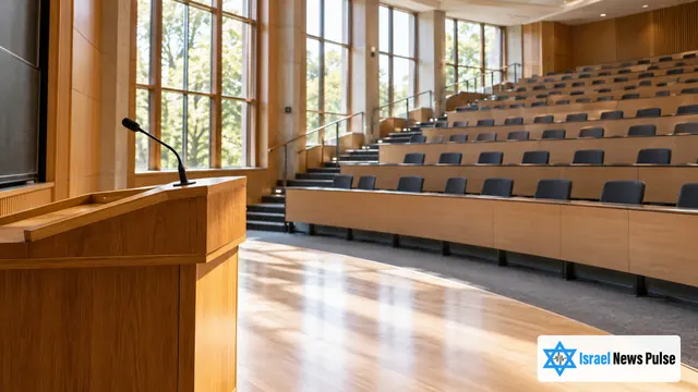 La luz del día entra en un aula universitaria vacía con un atril de madera, un micrófono y filas escalonadas de asientos.