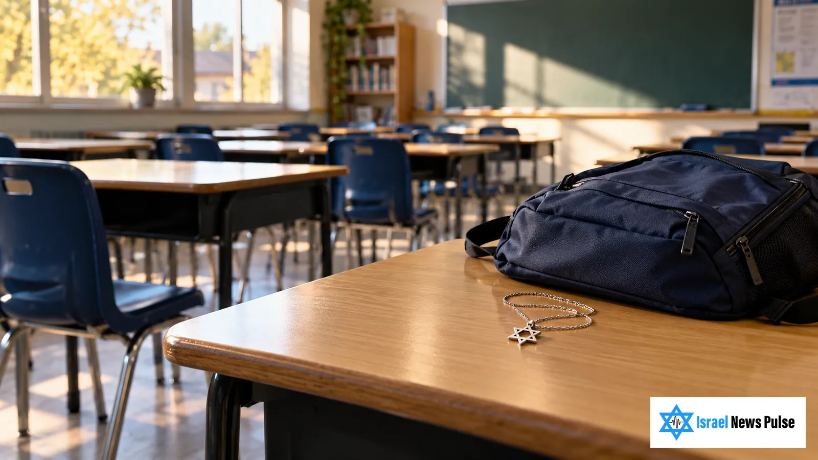 Uma sala de aula vazia com uma mochila e um pingente de estrela de Davi sobre uma carteira.