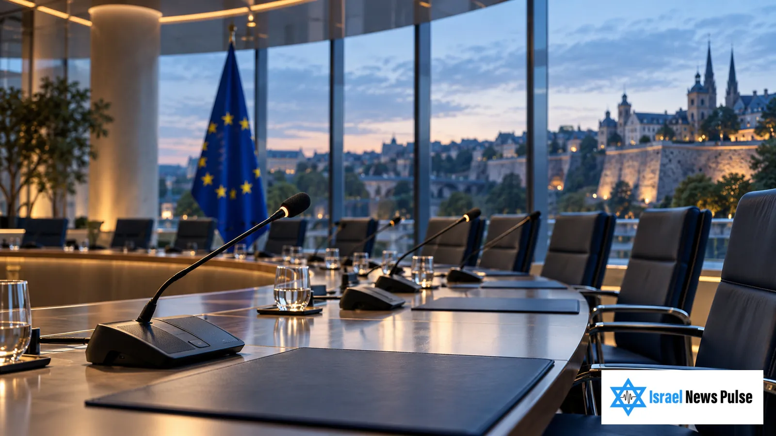 Mikrofone und Stühle in einem diplomatischen Sitzungssaal mit europäischer Flagge und Blick auf Luxemburg