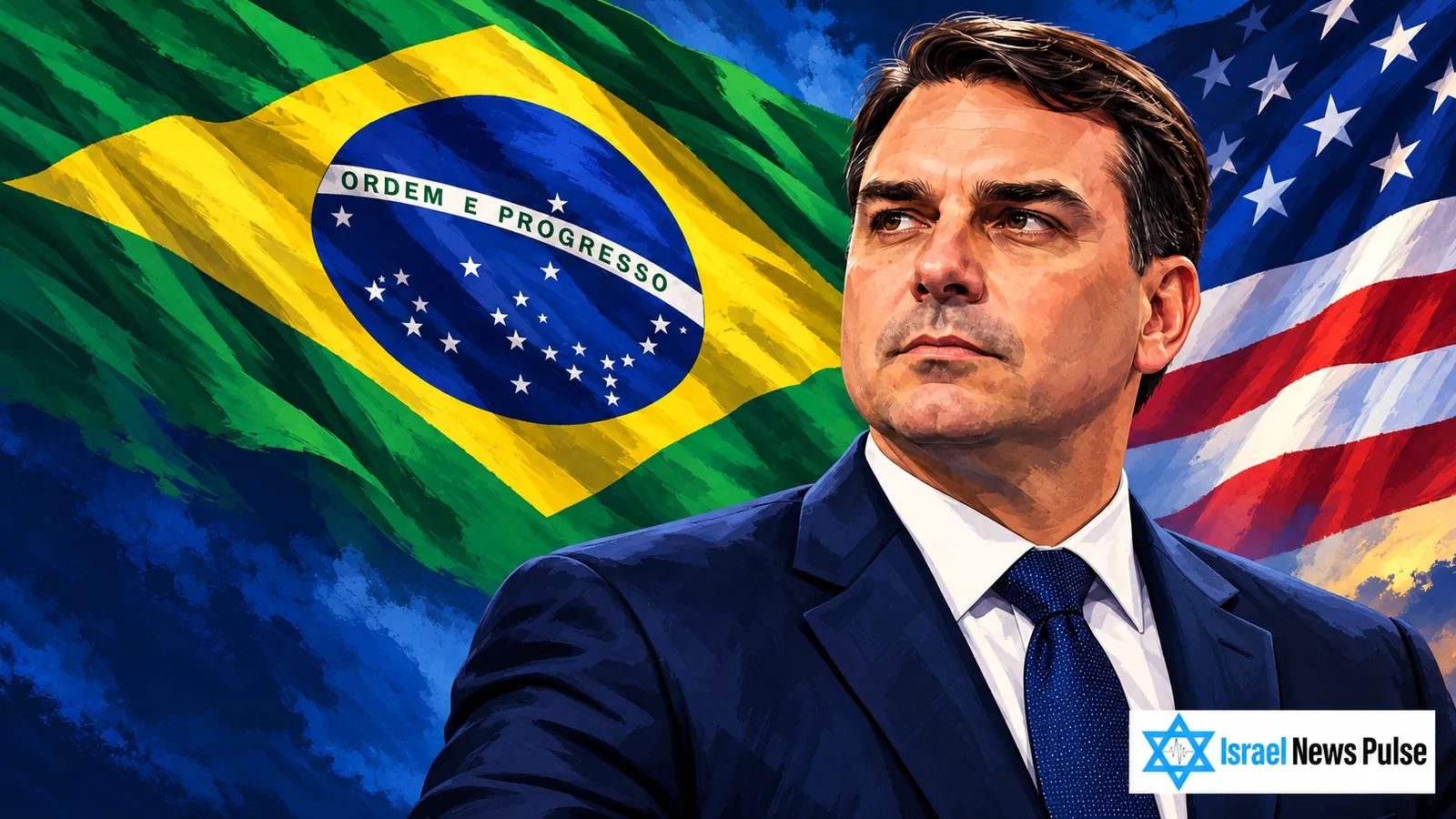 Flávio Bolsonaro in front of Brazilian and United States flags