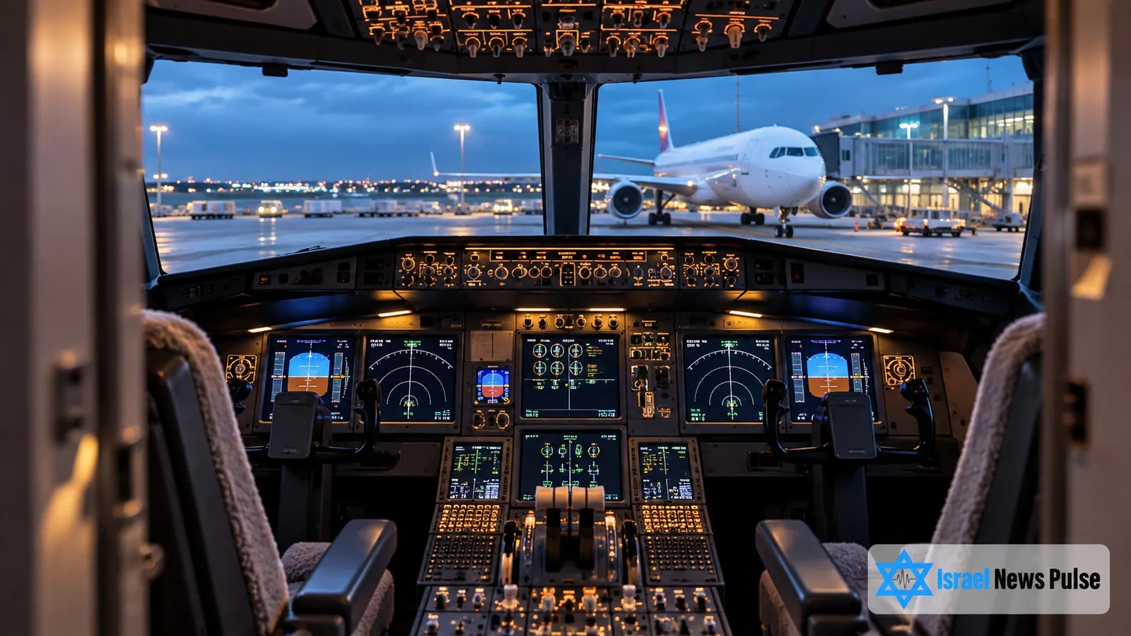 Illustration d’un cockpit vide donnant sur une aire de stationnement d’aéroport au crépuscule, avec le filigrane Israel News Pulse.