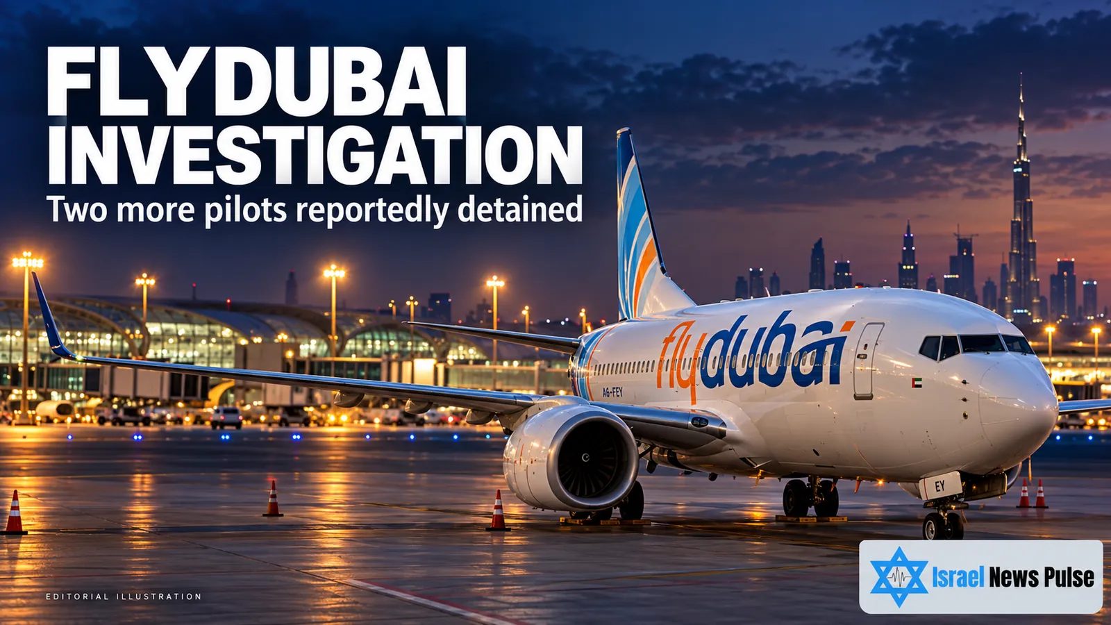 طائرة ركاب تابعة لـflydubai تقف في ساحة المطار عند الغسق، وخلفها أضواء المطار وأفق دبي.
