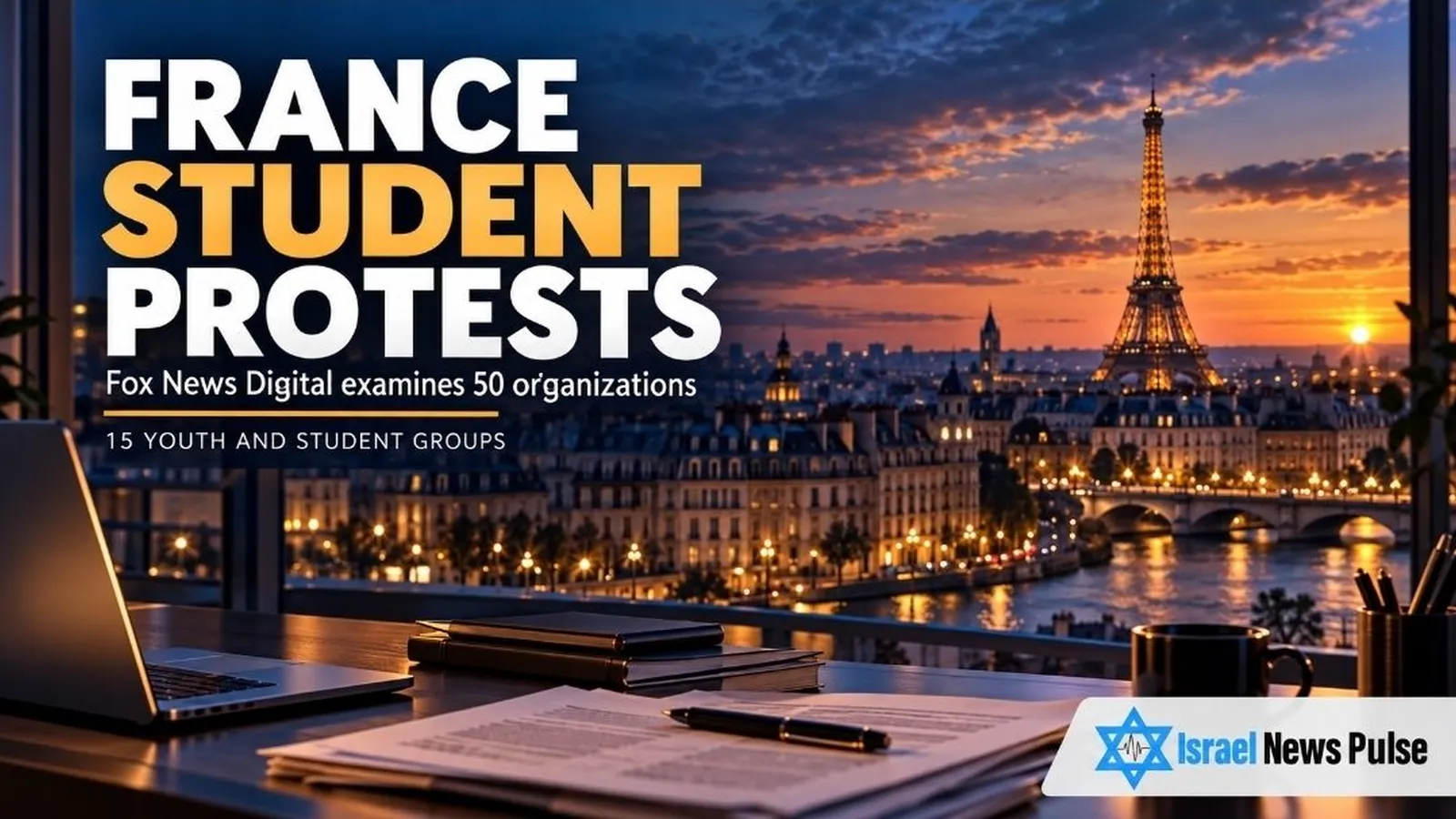 Das Bild zeigt ein offenes Notizbuch vor Paris und dem Eiffelturm bei Dämmerung sowie eine Schlagzeile über Schülerproteste.