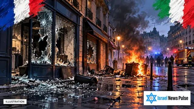 رسم تحريري لواجهات متاجر متضررة وحريق وفرق طوارئ، مع ألوان علمي فرنسا وإيطاليا.