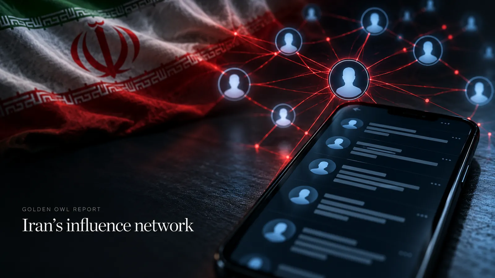 Redaktionelle Illustration einer iranischen Flagge, vernetzter anonymer Profile und eines Smartphones mit einem sozialen Nachrichtenstrom.