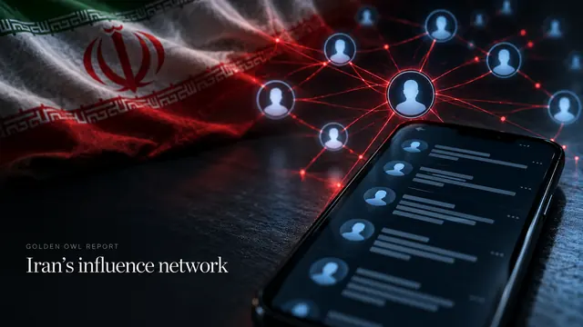 رسم تحريري لعلم إيران وملفات شخصية مجهولة مترابطة وهاتف يعرض محتوى شبكة اجتماعية.