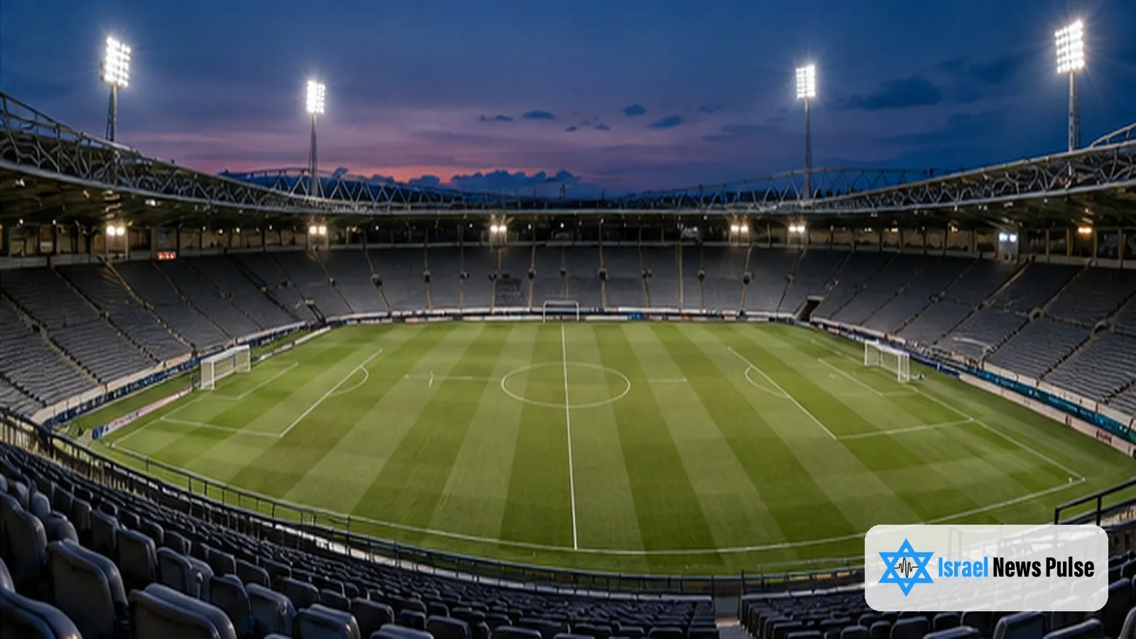 Holofotes iluminam um campo de futebol verde cercado por fileiras de assentos azuis vazios ao anoitecer.
