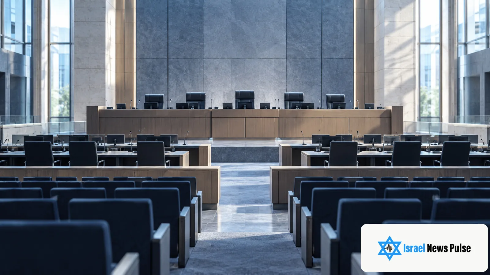 Filas de asientos vacíos se orientan hacia el estrado de los jueces en un tribunal moderno.