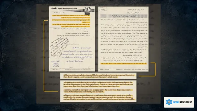 صفحتان بالعربية من مقترح حماس حول مراكز الإيواء، مع فقرات مظللة وملاحظات بخط اليد، على خلفية داكنة وشعار Israel News Pulse.
