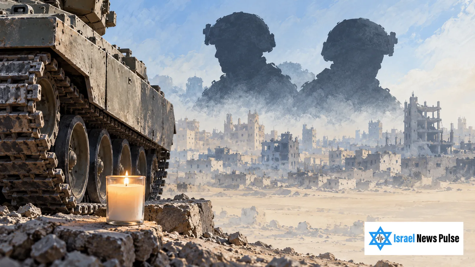Redaktionelle Illustration eines Panzers und einer Gedenkkerze neben einer zerstörten Stadtlandschaft, darüber zwei Silhouetten mit Helmen.