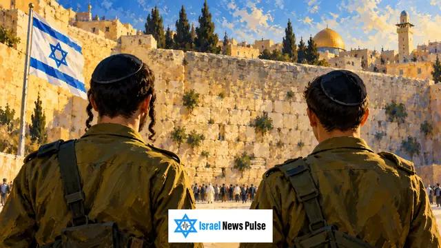 Redaktionelles Gemälde zweier haredischer Soldaten vor der Westmauer neben einer israelischen Flagge