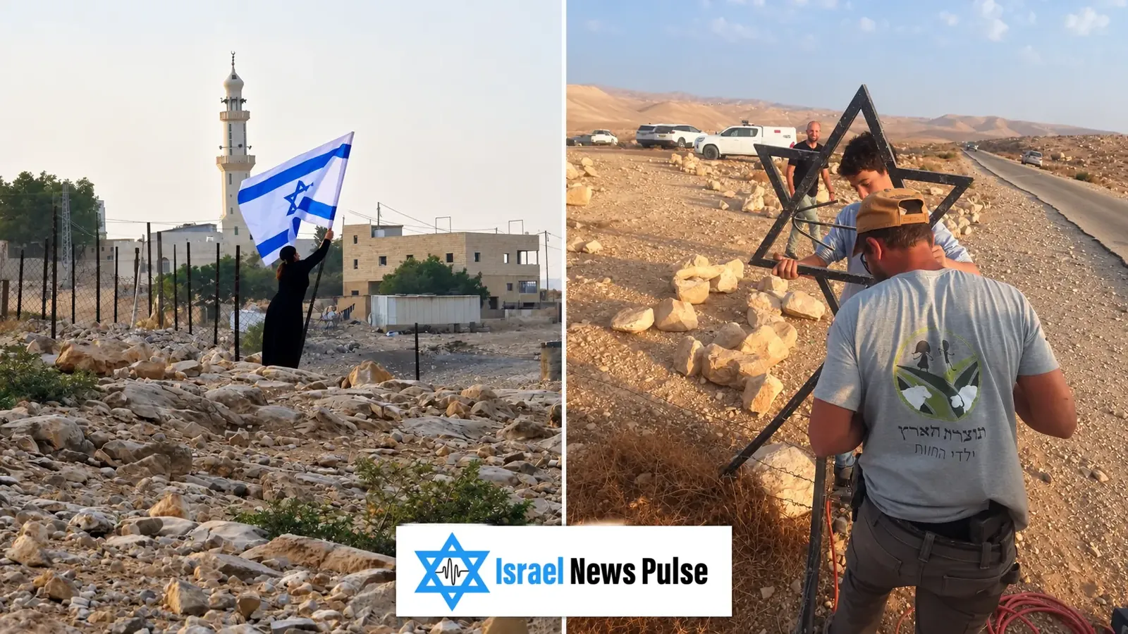 Fotomontage mit zwei Bildern: Eine Person schwenkt eine israelische Flagge, andere halten einen metallenen Davidstern auf felsigem Gelände.