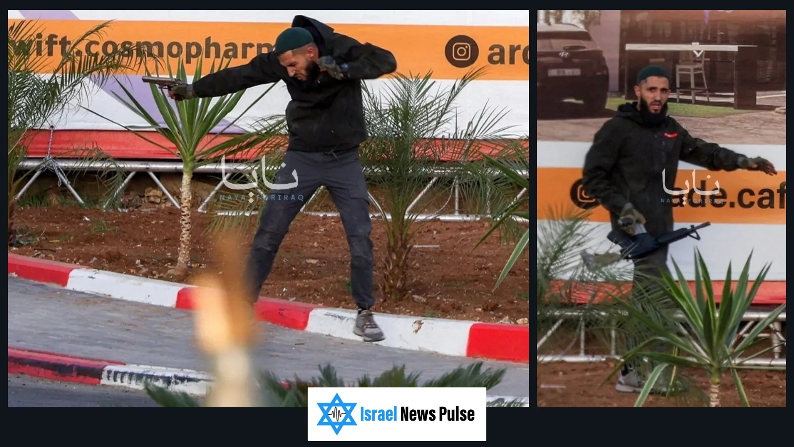 Redaktionelle Collage aus zwei bereitgestellten Fotos eines bewaffneten Mannes in der Berichterstattung über den Anschlag bei Hebron.