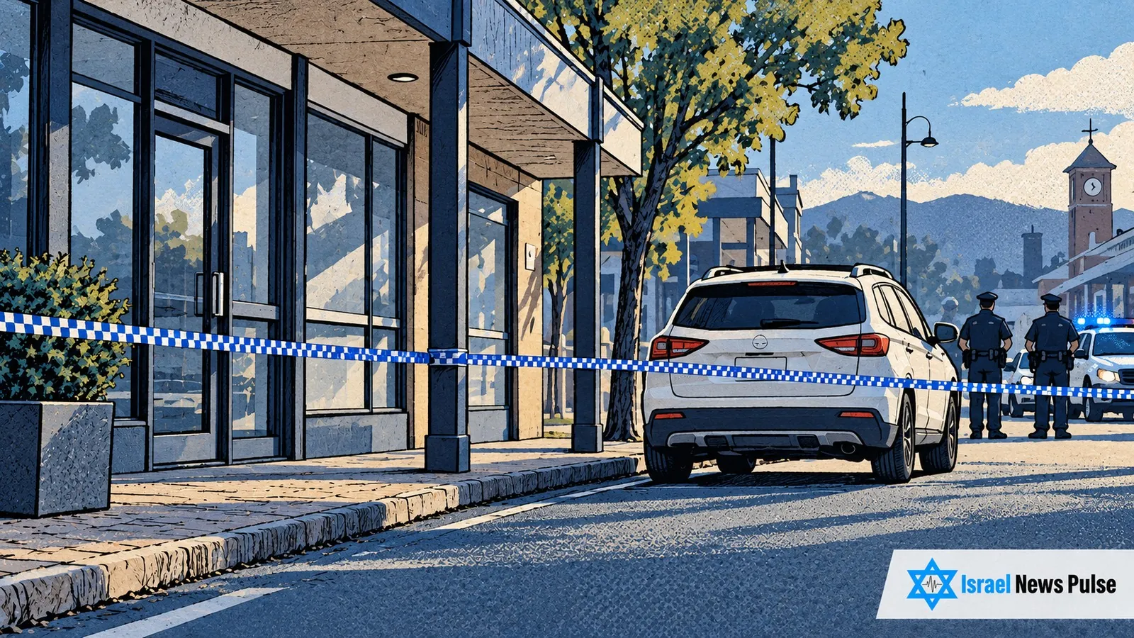 Ilustração conceitual de uma rua isolada pela polícia e um veículo estacionado diante de um escritório anônimo em uma cidade regional australiana.