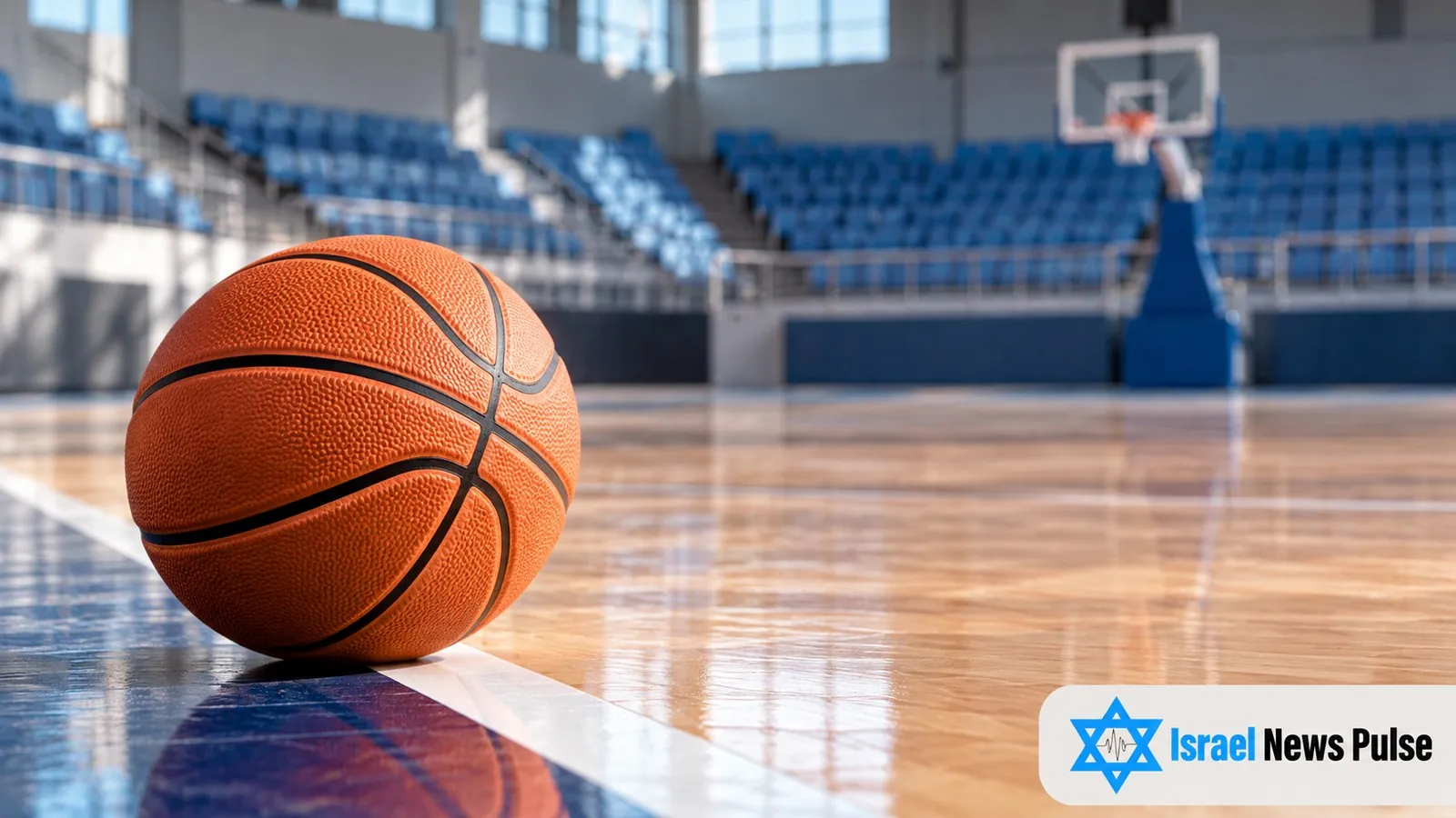 Ein Basketball liegt neben einer weißen Spielfeldlinie vor hellblauen Sitzreihen.