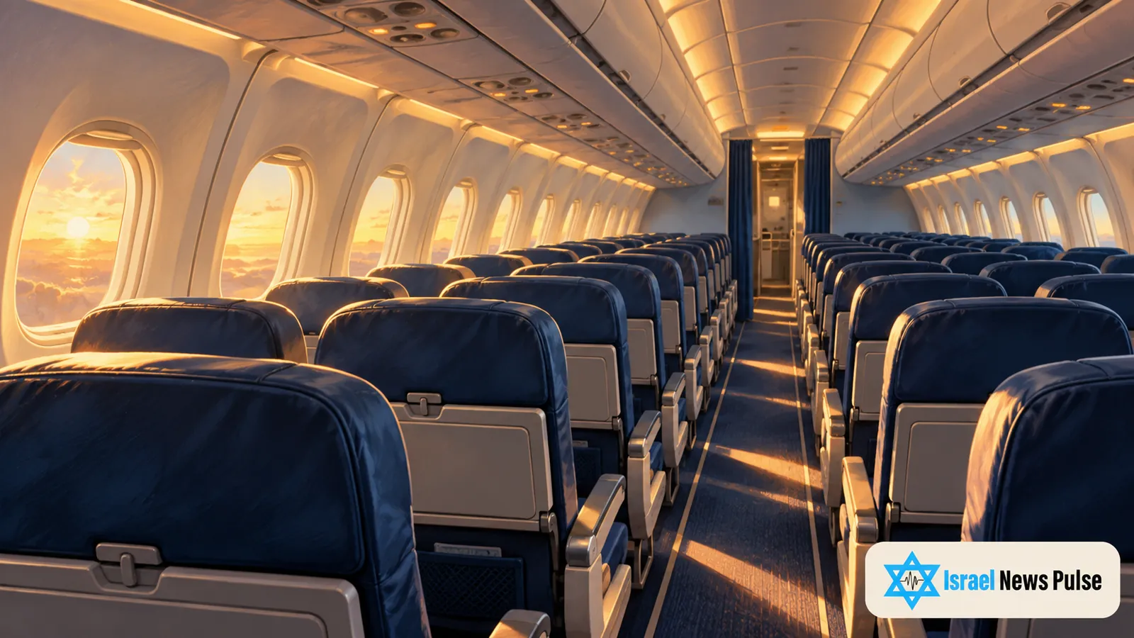 Ilustración de una cabina de avión vacía con asientos azul marino y luz solar por ventanas ovaladas.