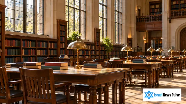 La luz de la tarde ilumina una sala de lectura universitaria vacía con largas mesas de madera, libros cerrados y ventanas altas.