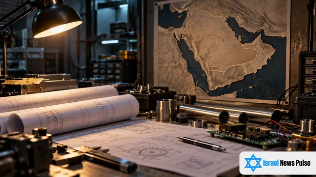 Planos, tubos metálicos y componentes electrónicos cubren un banco de trabajo bajo un mapa sin rótulos de la península arábiga.