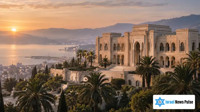 قصر حجري فاتح اللون بلا أضرار يطل على ميناء يغمره الضباب عند الفجر، مع نوافذ مقوسة وأشجار نخيل في المقدمة.