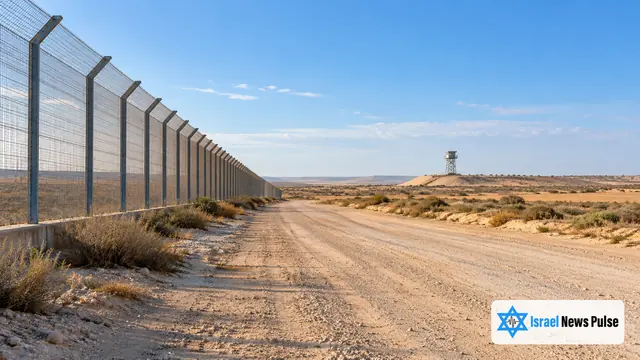 Un camino perimetral vacío sigue una valla de seguridad en un paisaje seco del sur bajo un cielo despejado.
