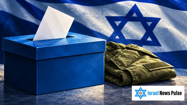 Editorial illustration of a ballot box and voting envelope beside an olive-green military jacket and Israeli flag.