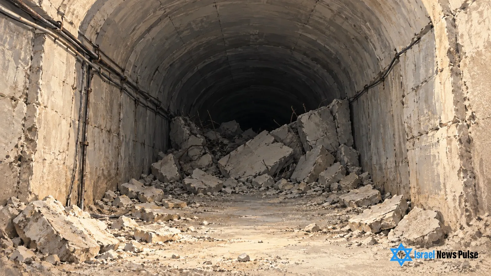 Redaktionelle Illustration eines beschädigten, durch Trümmer versperrten Betontunnels.