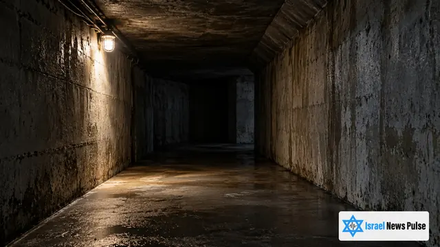 Una lámpara de trabajo ilumina un pasillo vacío de hormigón, con paredes grises y húmedas, que se pierde en la oscuridad.